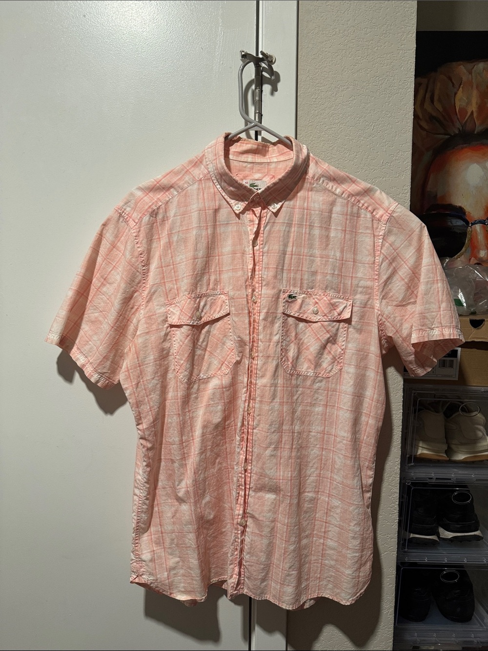 Lacoste Peach Plaid Short-Sleeve Button-Down Shirt